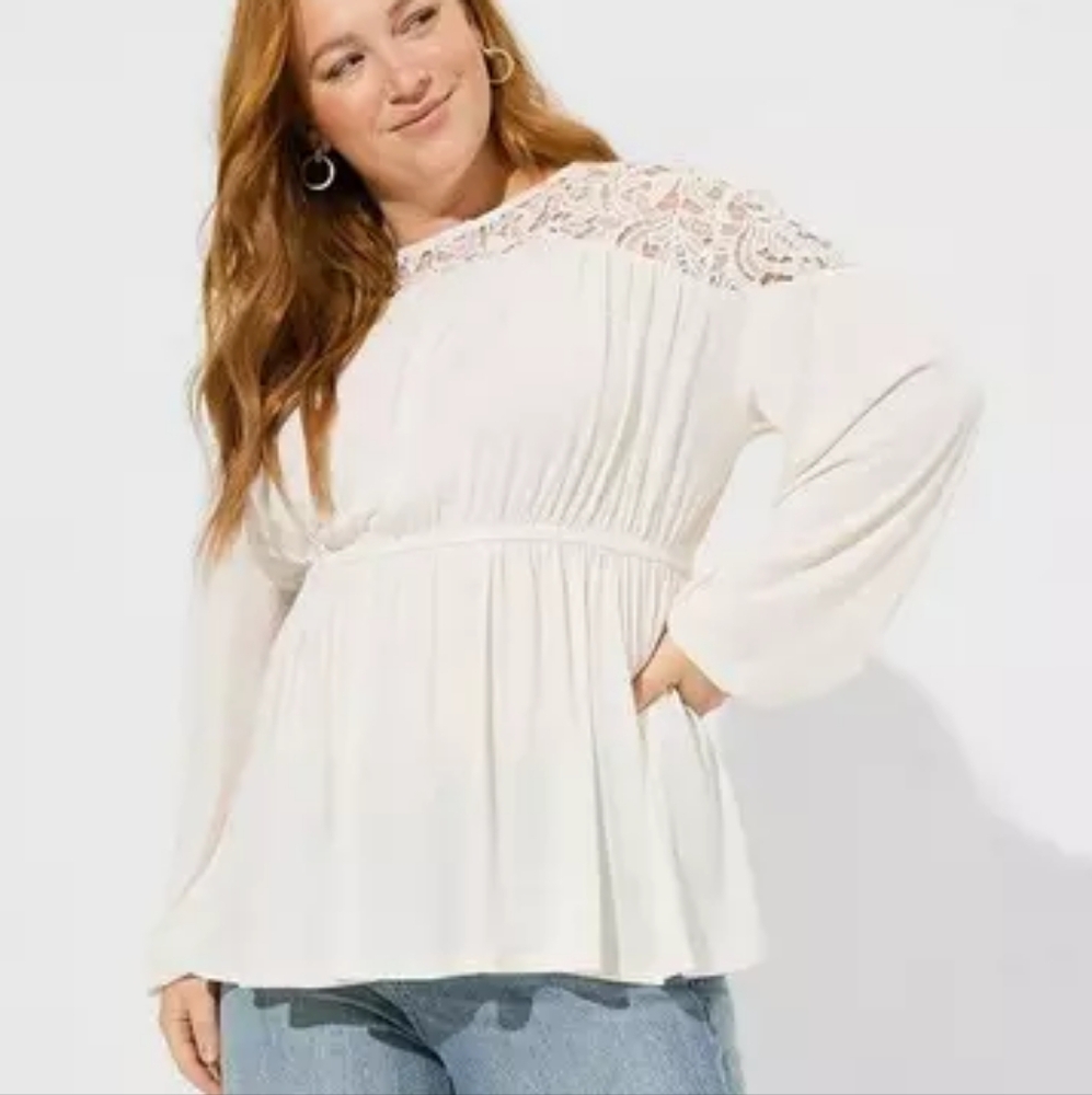 Studio Crepe Crew Neck Lace Yoke Babydoll Top Size 00